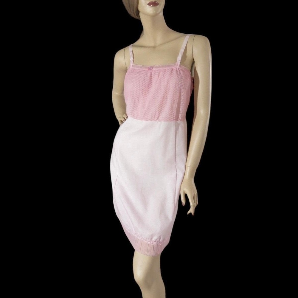 Vintage 70s Pink Slip Dress XS Shirred Bodice Pleated Hem Balletcore Dress - Picture 5 of 7